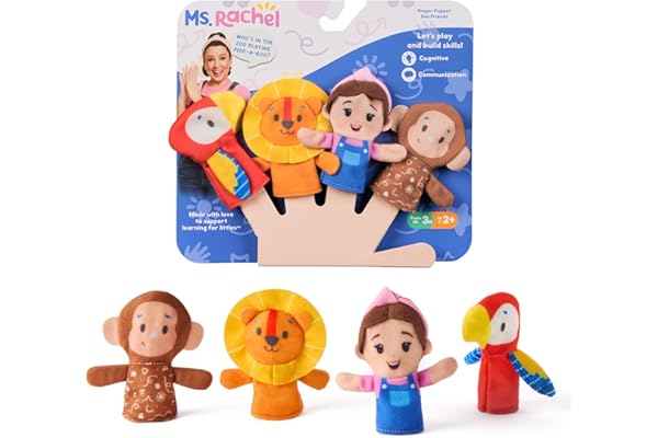 Ms. Rachel Finger Puppets Zoo Friends 4-Pack, Lion, Monkey & Parrot, Educational Toys & Animal Puppets, Toddler Toys for Girl