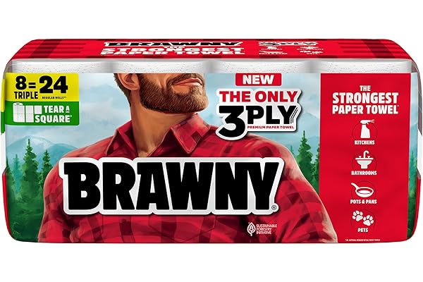 Brawny Tear-A-Square 3-Ply Paper Towels, 8 Triple Rolls = 24 Regular Rolls, Strong, Absorbent, and Durable with 3 Sheet Sizes