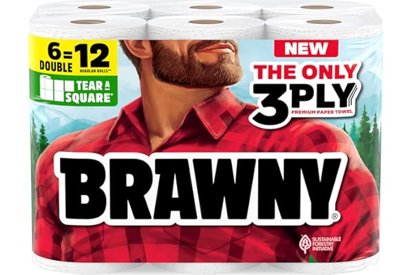 Brawny Tear-A-Square 3-Ply Paper Towels, 6 Double Rolls = 12 Regular Rolls, Strong, Absorbent, and Durable with 3 Sheet Sizes