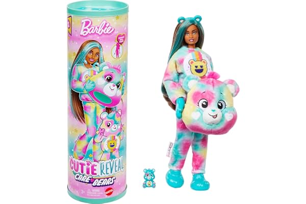 Barbie Cutie Reveal Care Bears Doll & Accessories, Series 2 Good Vibes Bear with 10 Surprises Including Color Change & Mini B