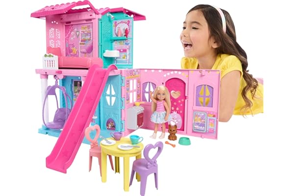 Barbie Chelsea Toy Dollhouse with 15+ Accessories, Pop-Up House Expands to 17+ x 13+ inches with 5 Play Areas & Slide, Includ