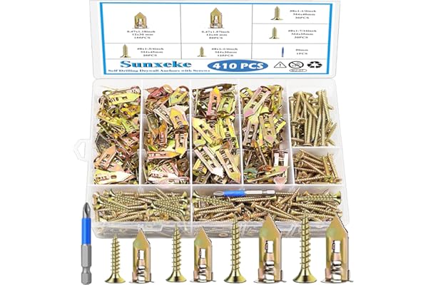 Sunxeke 410 PCS Self Drilling Drywall Anchors with Screws Kit - 2 Sizes Sheetrock Anchors & 4 Sizes Zinc Expansion Screws,202