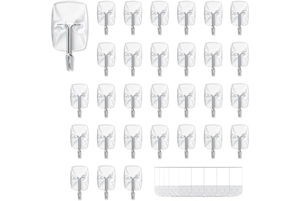 MOVELYST 30 Small Hooks+40 Removable Strips, Clear Wire Utility Hooks with Adhesive Strips Damage-Free, No Tools Wall Hooks f