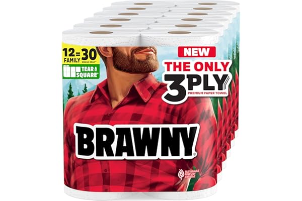 Brawny Tear-A-Square 3-Ply Paper Towels, 12 XL Family Rolls = 30 Regular Rolls, Strong, Absorbent, and Durable with 3 Sheet S