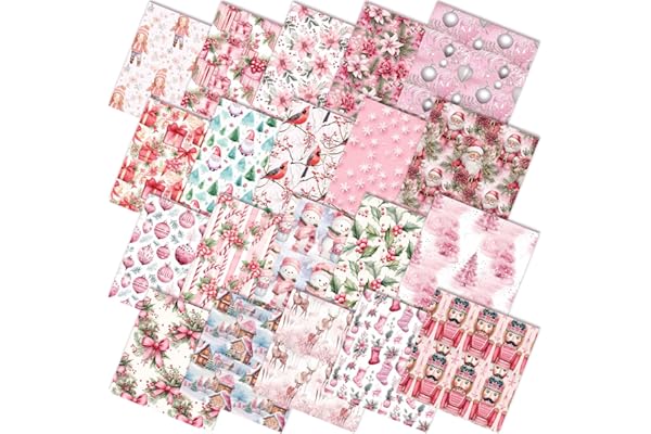 HunnmingRe 20 Pcs 10''x10'' Pink Christmas Quilting Fabric Square Santa Claus Nutcracker Quiltted Fabric Bundle Reindeer Snow