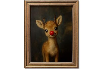 Vintage Christmas Wall Art Decor Gold Framed Art Funny Clown Reindeer Picture Painting for Home Living Room Decor Holiday Gif