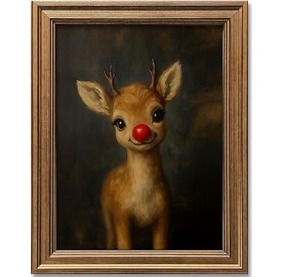 Vintage Christmas Wall Art Decor Gold Framed Art Funny Clown Reindeer Picture Painting for Home Living Room Decor Holiday Gif