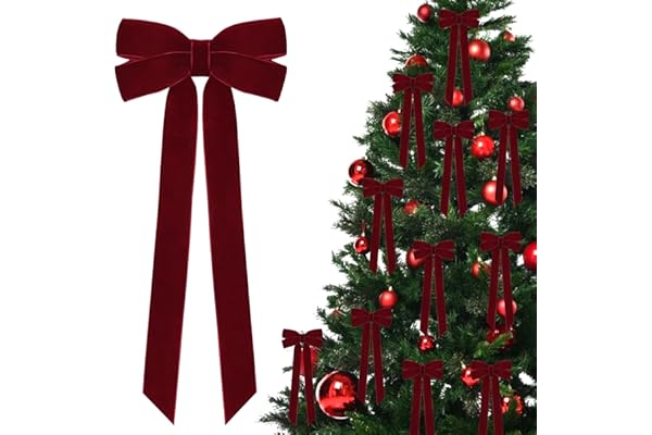12Pcs Burgundy Velvet Ribbon Bows Christmas Tree Decorations,5in x 10in Xmas Ornaments for Tree Home Party Front Door Wreath